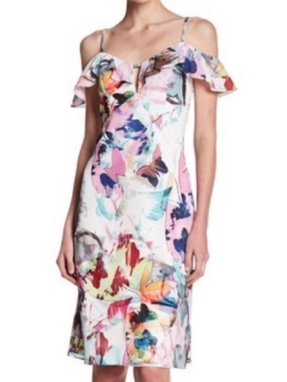 Black Halo Lolah Floral Slip Dress Ruffle Butterfly Garden Print summer cocktail